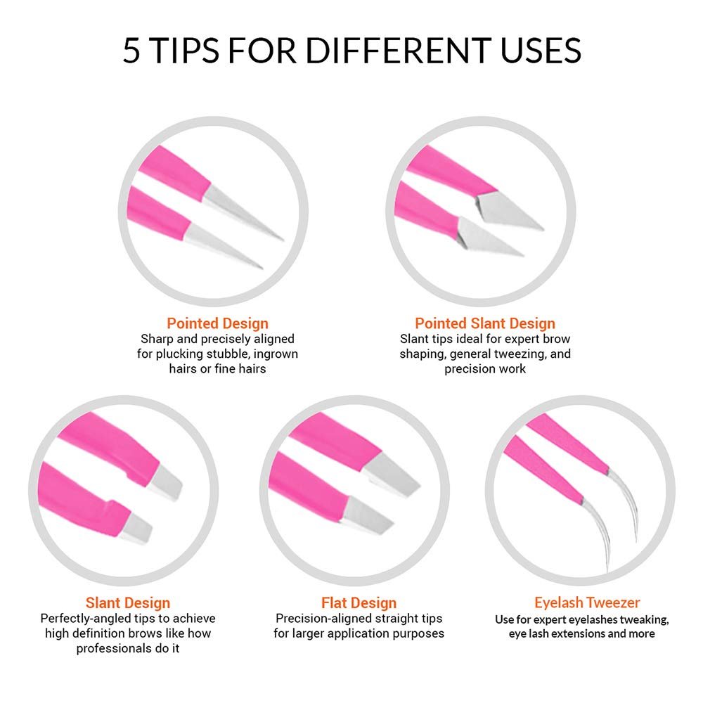 Alfaly Pink Tweezers Set - 5 Piece Stainless Steel Precision Tweezers with Case for Eyebrow Shaping, Splinter Removal & Ingrown Hair Avelisse