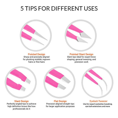 Alfaly Pink Tweezers Set - 5 Piece Stainless Steel Precision Tweezers with Case for Eyebrow Shaping, Splinter Removal & Ingrown Hair Avelisse