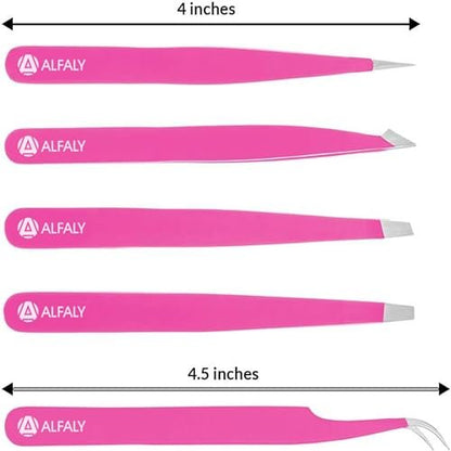 Alfaly Pink Tweezers Set - 5 Piece Stainless Steel Precision Tweezers with Case for Eyebrow Shaping, Splinter Removal & Ingrown Hair Avelisse