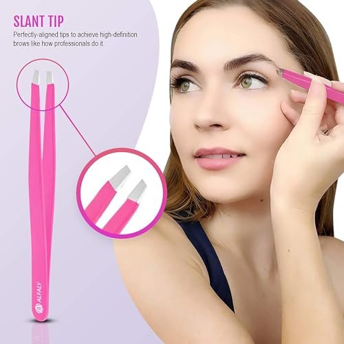 Alfaly Pink Tweezers Set - 5 Piece Stainless Steel Precision Tweezers with Case for Eyebrow Shaping, Splinter Removal & Ingrown Hair Avelisse