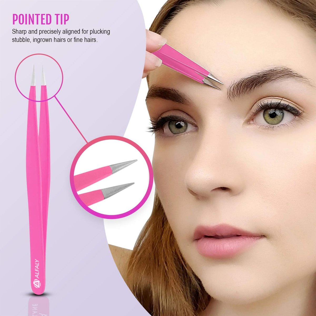 Alfaly Pink Tweezers Set - 5 Piece Stainless Steel Precision Tweezers with Case for Eyebrow Shaping, Splinter Removal & Ingrown Hair Avelisse