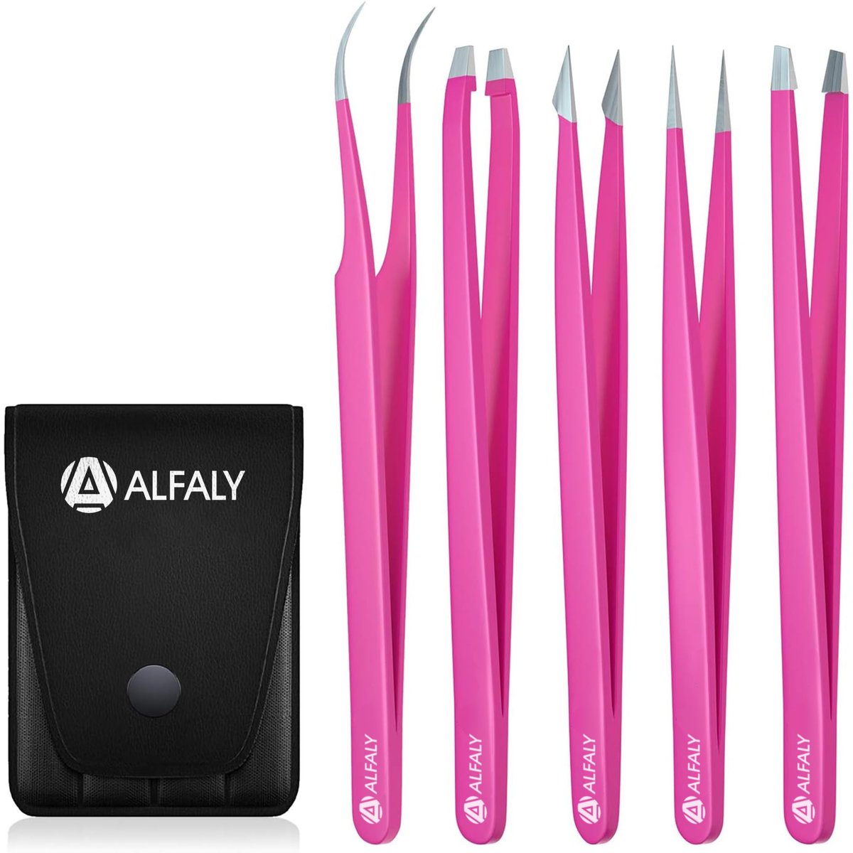Alfaly Pink Tweezers Set - 5 Piece Stainless Steel Precision Tweezers with Case for Eyebrow Shaping, Splinter Removal & Ingrown Hair Avelisse