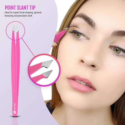 Alfaly Pink Tweezers Set - 5 Piece Stainless Steel Precision Tweezers with Case for Eyebrow Shaping, Splinter Removal & Ingrown Hair Avelisse
