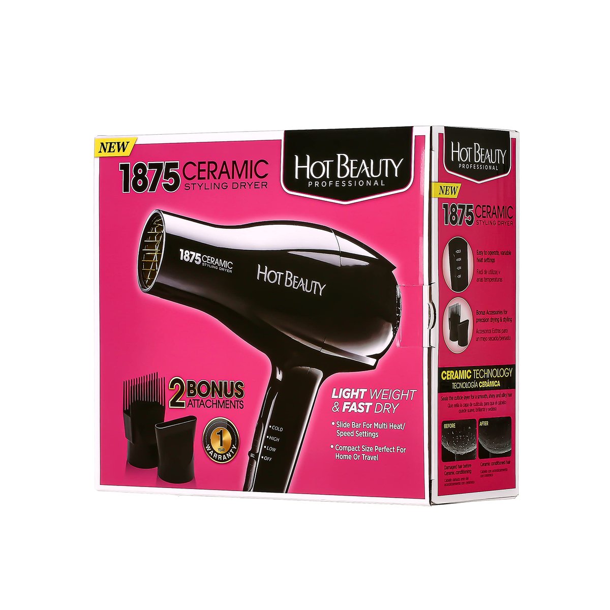 Hot Beauty 1875 Ceramic Styler Hair Styling Blow Dryer – Lightweight Fast Dry with 2 Attachments, Multi Heat Speed for Home or Travel Avelisse