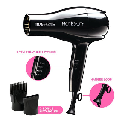 Hot Beauty 1875 Ceramic Styler Hair Styling Blow Dryer – Lightweight Fast Dry with 2 Attachments, Multi Heat Speed for Home or Travel Avelisse