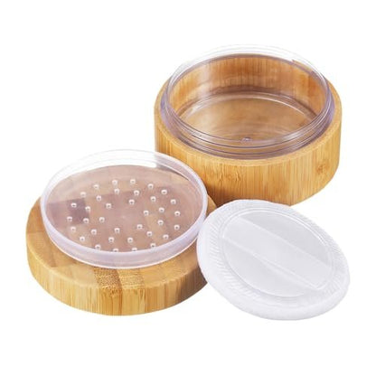 1 oz / 30 ml Empty Refillable Bamboo Cosmetic Loose Powder Box with Screw Lid, Puff & Sifter – Eco-Friendly Acrylic Jar