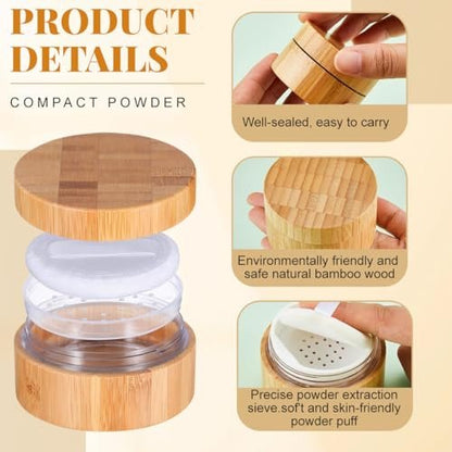 1 oz / 30 ml Empty Refillable Bamboo Cosmetic Loose Powder Box with Screw Lid, Puff & Sifter – Eco-Friendly Acrylic Jar