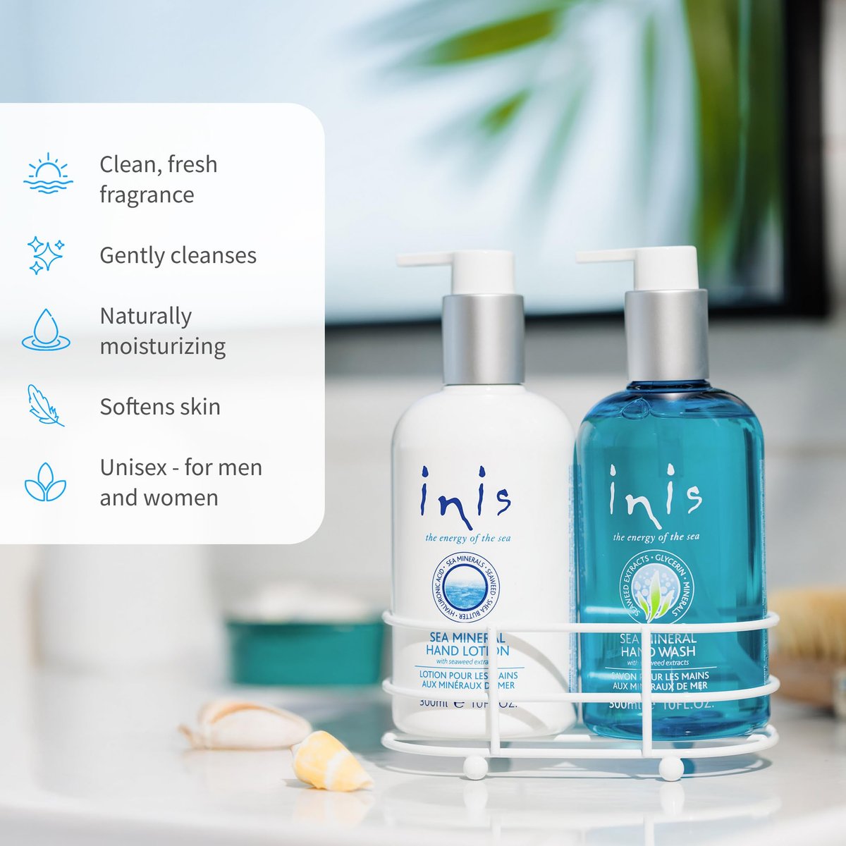 Inis the Energy of the Sea Liquid Hand Wash & Hand Lotion Caddy Set – Sink Side Soap & Moisturizer with Seaweed & Shea Butter, Clean Ocean Fresh Scent, 20 Fl Oz Avelisse