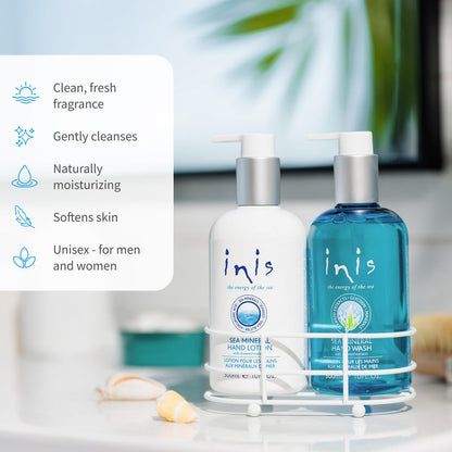Inis the Energy of the Sea Liquid Hand Wash & Hand Lotion Caddy Set – Sink Side Soap & Moisturizer with Seaweed & Shea Butter, Clean Ocean Fresh Scent, 20 Fl Oz Avelisse