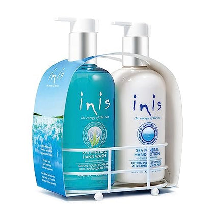 Inis the Energy of the Sea Liquid Hand Wash & Hand Lotion Caddy Set – Sink Side Soap & Moisturizer with Seaweed & Shea Butter, Clean Ocean Fresh Scent, 20 Fl Oz Avelisse