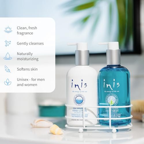 Inis the Energy of the Sea Liquid Hand Wash & Hand Lotion Caddy Set – Sink Side Soap & Moisturizer with Seaweed & Shea Butter, Clean Ocean Fresh Scent, 20 Fl Oz Avelisse