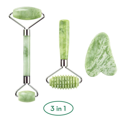 Kimkoo Jade Roller and Gua Sha for Face - 3 in 1 Kit with Facial Massager Tool, 100% Real Natural Jade Stone Anti-Aging, Face Beauty Set for Eye Anti-Wrinkle