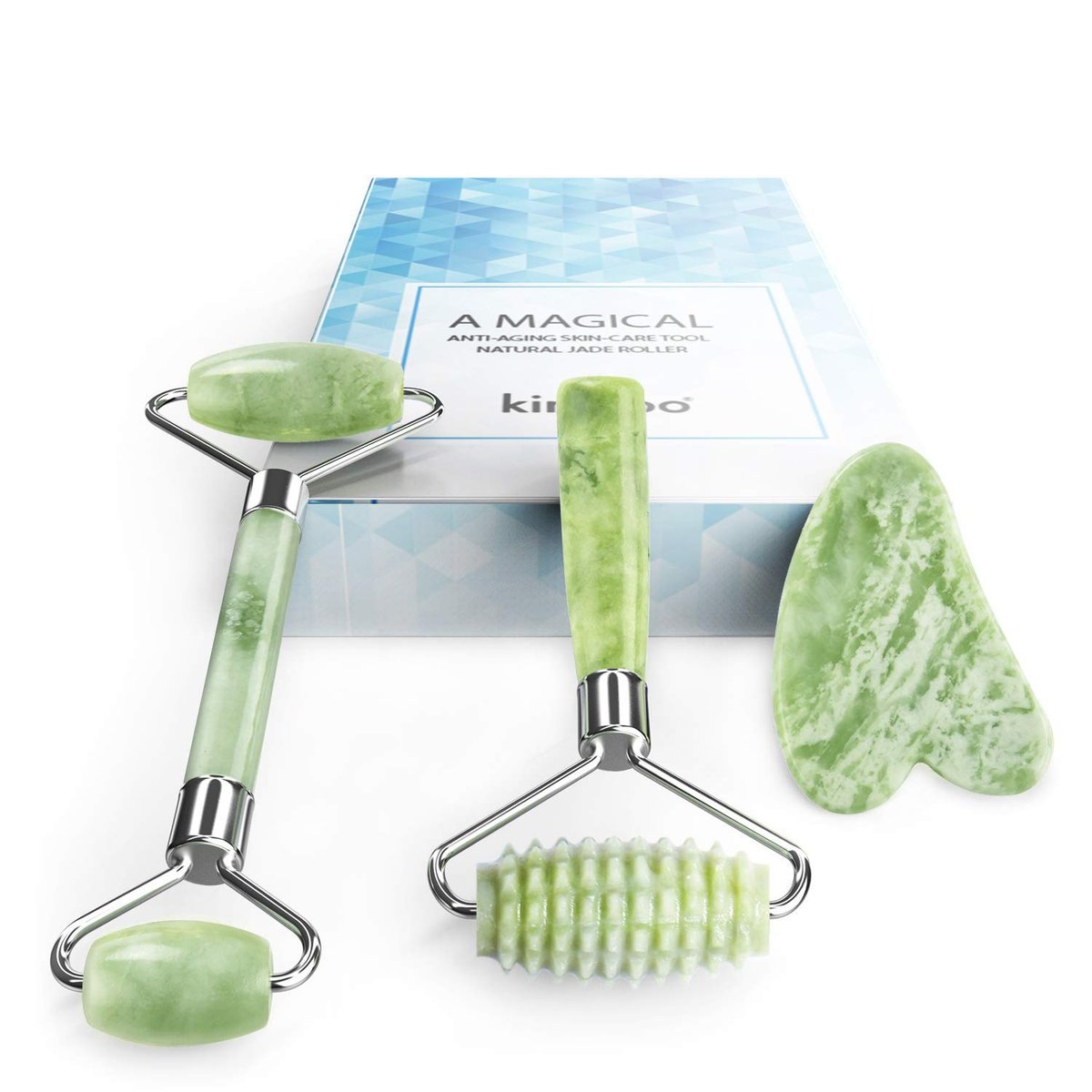 Kimkoo Jade Roller and Gua Sha for Face - 3 in 1 Kit with Facial Massager Tool, 100% Real Natural Jade Stone Anti-Aging, Face Beauty Set for Eye Anti-Wrinkle - görsel 1
