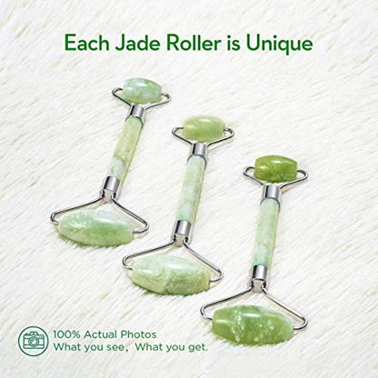 Kimkoo Jade Roller and Gua Sha for Face - 3 in 1 Kit with Facial Massager Tool, 100% Real Natural Jade Stone Anti-Aging, Face Beauty Set for Eye Anti-Wrinkle
