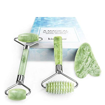 Kimkoo Jade Roller and Gua Sha for Face - 3 in 1 Kit with Facial Massager Tool, 100% Real Natural Jade Stone Anti-Aging, Face Beauty Set for Eye Anti-Wrinkle