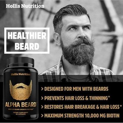 Alpha Beard Growth Vitamins – Biotin 10K MCG, Collagen, Keratin, Hyaluronic Acid, B-Complex, MSM – Beard DHT Blocker & Hair Growth Supplement for Men – Regrow Stronger, Healthier Facial Hair (60 Count)