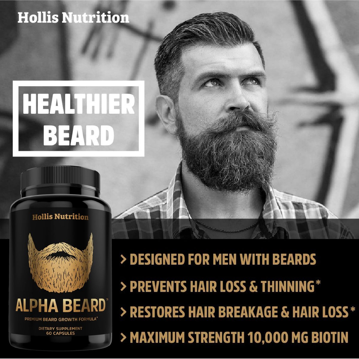 Alpha Beard Growth Vitamins – Biotin 10K MCG, Collagen, Keratin, Hyaluronic Acid, B-Complex, MSM – Beard DHT Blocker & Hair Growth Supplement for Men – Regrow Stronger, Healthier Facial Hair (60 Count) - görsel 5