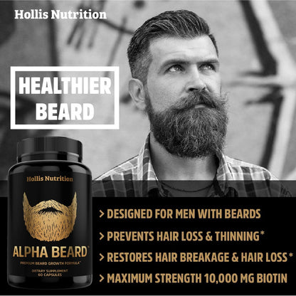 Alpha Beard Growth Vitamins – Biotin 10K MCG, Collagen, Keratin, Hyaluronic Acid, B-Complex, MSM – Beard DHT Blocker & Hair Growth Supplement for Men – Regrow Stronger, Healthier Facial Hair (60 Count)