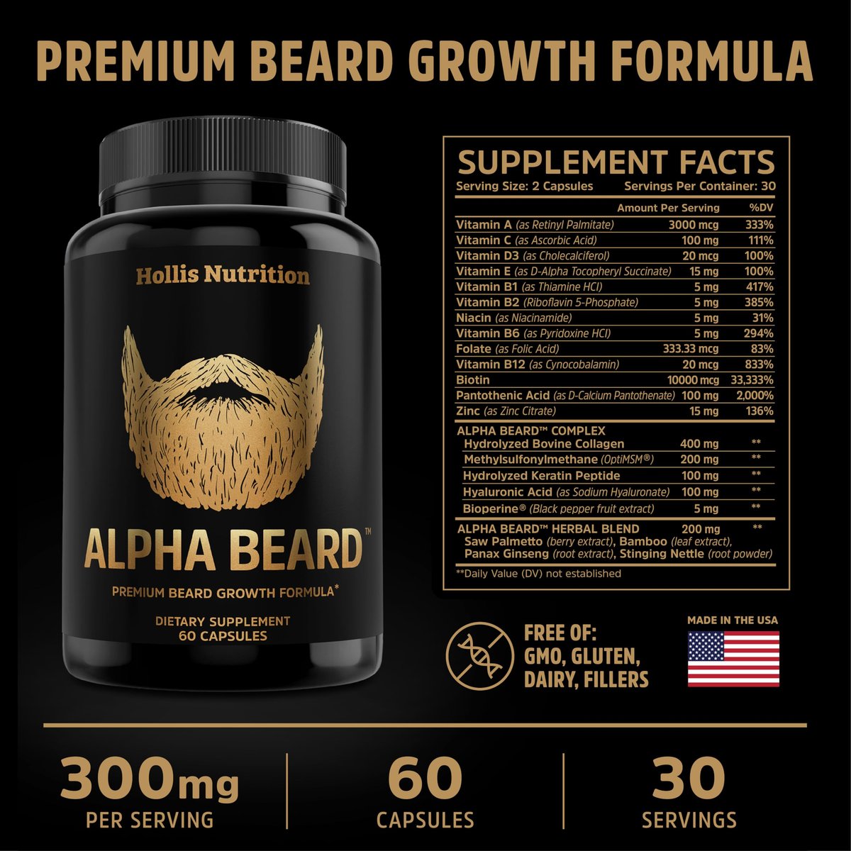 Alpha Beard Growth Vitamins – Biotin 10K MCG, Collagen, Keratin, Hyaluronic Acid, B-Complex, MSM – Beard DHT Blocker & Hair Growth Supplement for Men – Regrow Stronger, Healthier Facial Hair (60 Count) - görsel 3