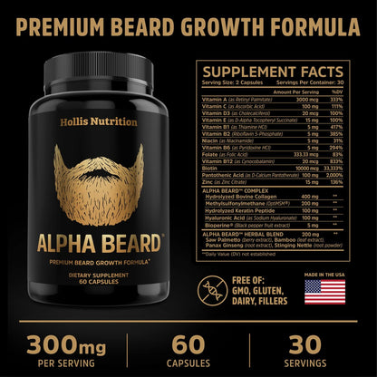 Alpha Beard Growth Vitamins – Biotin 10K MCG, Collagen, Keratin, Hyaluronic Acid, B-Complex, MSM – Beard DHT Blocker & Hair Growth Supplement for Men – Regrow Stronger, Healthier Facial Hair (60 Count)
