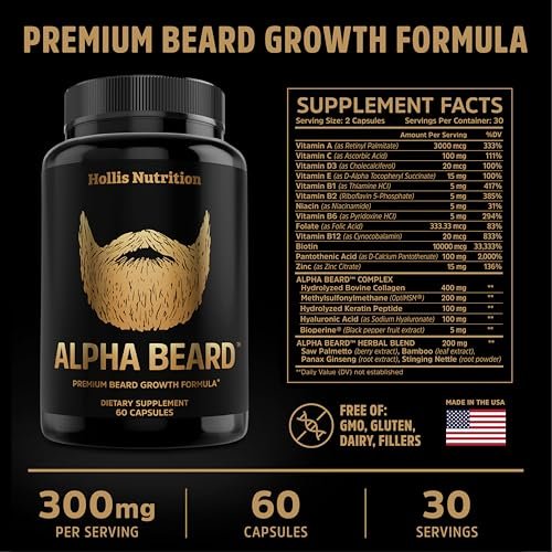Alpha Beard Growth Vitamins – Biotin 10K MCG, Collagen, Keratin, Hyaluronic Acid, B-Complex, MSM – Beard DHT Blocker & Hair Growth Supplement for Men – Regrow Stronger, Healthier Facial Hair (60 Count) - görsel 4