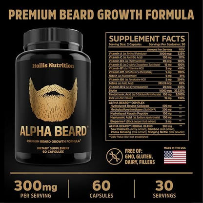 Alpha Beard Growth Vitamins – Biotin 10K MCG, Collagen, Keratin, Hyaluronic Acid, B-Complex, MSM – Beard DHT Blocker & Hair Growth Supplement for Men – Regrow Stronger, Healthier Facial Hair (60 Count)