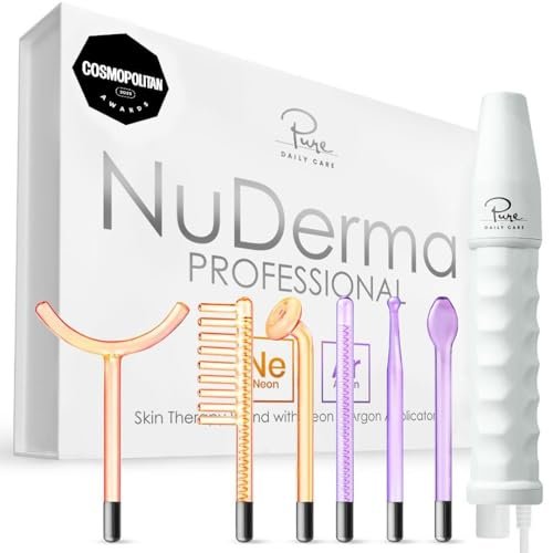 NuDerma Professional Skin Therapy Wand – Portable High Frequency Machine with 6 Glass Wands for Clear, Firm & Tightened Skin Avelisse