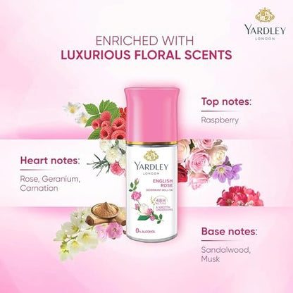 Yardley London English Rose Anti-Perspirant Deodorant Roll-On | 48-Hour Active | Alcohol-Free | 1.7oz (50ml)