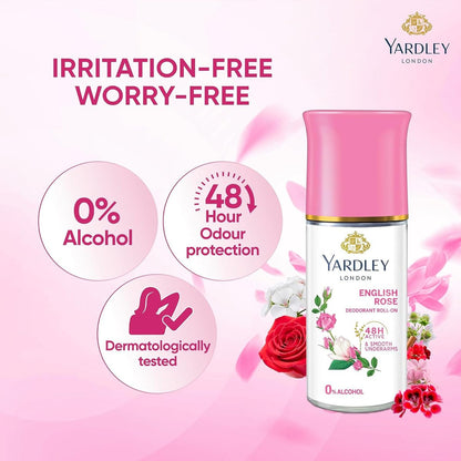 Yardley London English Rose Anti-Perspirant Deodorant Roll-On | 48-Hour Active | Alcohol-Free | 1.7oz (50ml)