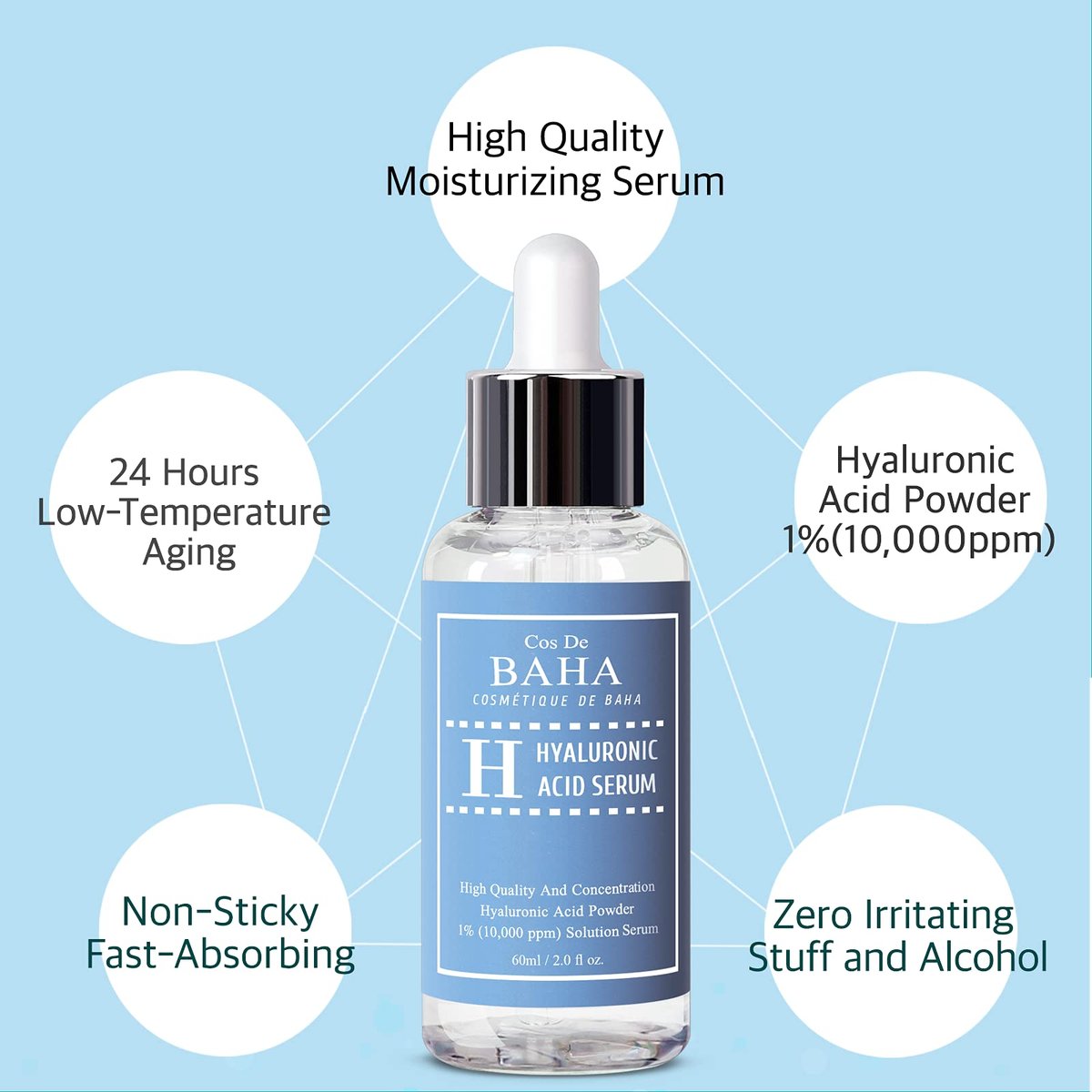 Cos De BAHA Hyaluronic Acid Serum 2 Fl Oz – Pure Sodium Hyaluronate 10,000 ppm Hydrating Face Serum for Dry & Dehydrated Skin – Lightweight Fragrance-Free Korean Skincare - görsel 3