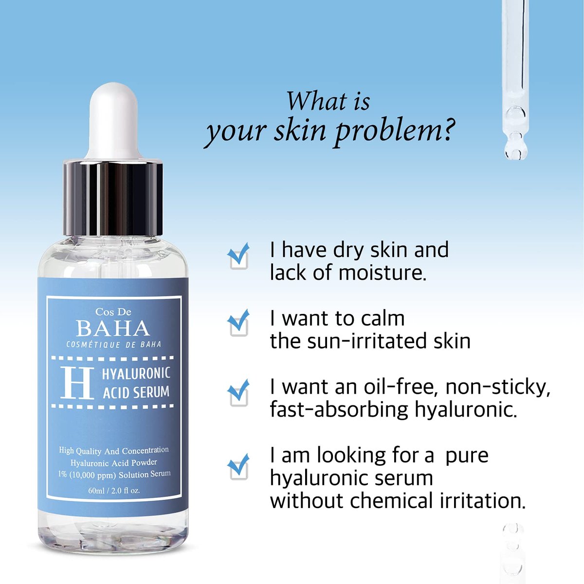 Cos De BAHA Hyaluronic Acid Serum 2 Fl Oz – Pure Sodium Hyaluronate 10,000 ppm Hydrating Face Serum for Dry & Dehydrated Skin – Lightweight Fragrance-Free Korean Skincare - görsel 5