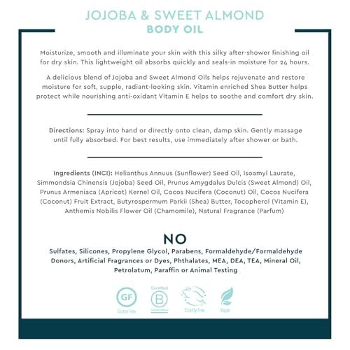 Desert Essence Jojoba & Sweet Almond Body Oil Spray - 8.28 fl oz, Gluten-Free, Vegan, Cruelty-Free, 24-Hour Moisture, Soothes Sensitive Skin, Illuminating Body Spray Avelisse