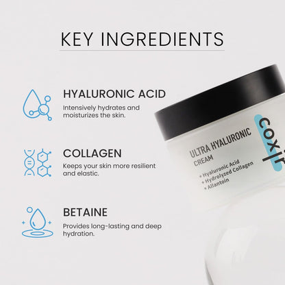 coxir Ultra Hyaluronic Cream – Intense Hydration Moisturizer for Dry, Dehydrated Skin | Hyaluronic Acid & Aloe Vera | Lightweight Korean Face Cream for Winter Dryness & Glowing Skin 50ml (1.69 fl oz)