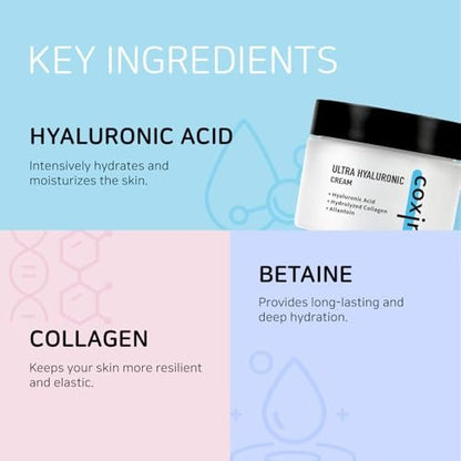 coxir Ultra Hyaluronic Cream – Intense Hydration Moisturizer for Dry, Dehydrated Skin | Hyaluronic Acid & Aloe Vera | Lightweight Korean Face Cream for Winter Dryness & Glowing Skin 50ml (1.69 fl oz)