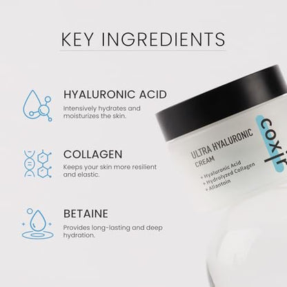 coxir Ultra Hyaluronic Cream – Intense Hydration Moisturizer for Dry, Dehydrated Skin | Hyaluronic Acid & Aloe Vera | Lightweight Korean Face Cream for Winter Dryness & Glowing Skin 50ml (1.69 fl oz)