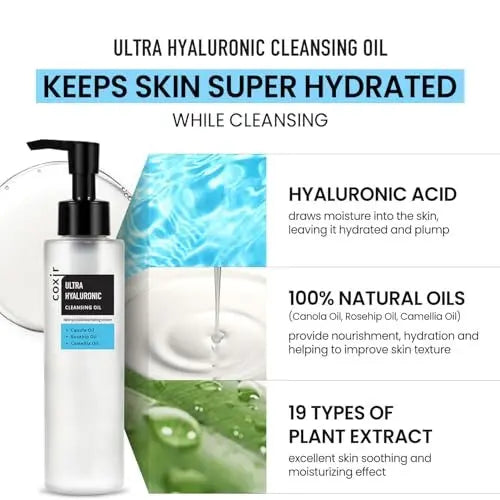 coxir Ultra Hyaluronic Cleansing Oil - Gentle Korean Oil Cleanser for Makeup Removal, Blackheads & Pore Care, Multi-Layer Hyaluronic Acid, Vegan & Non-Comedogenic, 5.07 fl oz Avelisse