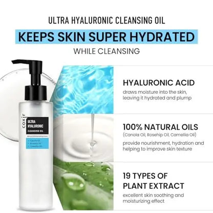 coxir Ultra Hyaluronic Cleansing Oil - Gentle Korean Oil Cleanser for Makeup Removal, Blackheads & Pore Care, Multi-Layer Hyaluronic Acid, Vegan & Non-Comedogenic, 5.07 fl oz Avelisse