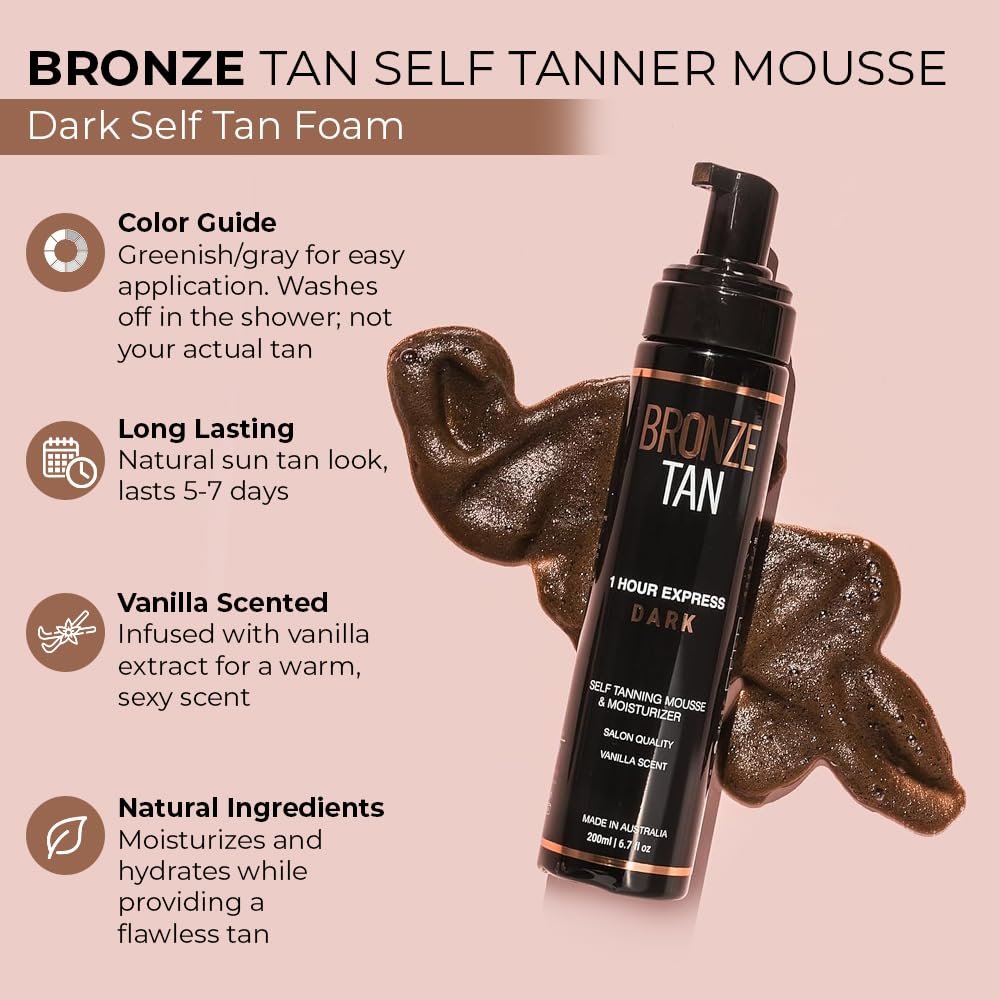 Bronze Tan Self Tanner Mousse Dark Self Tan Foam - Sunless Tanner for All Skin Tones, Salon Quality, Vanilla Scented (200 ml/6.7 oz) Avelisse