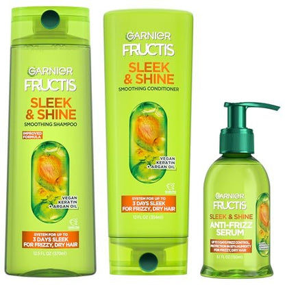 Garnier Fructis Sleek & Shine Shampoo, Conditioner & Anti-Frizz Serum Set for Frizzy, Dry Hair with Argan Oil - 3 Piece Kit Avelisse