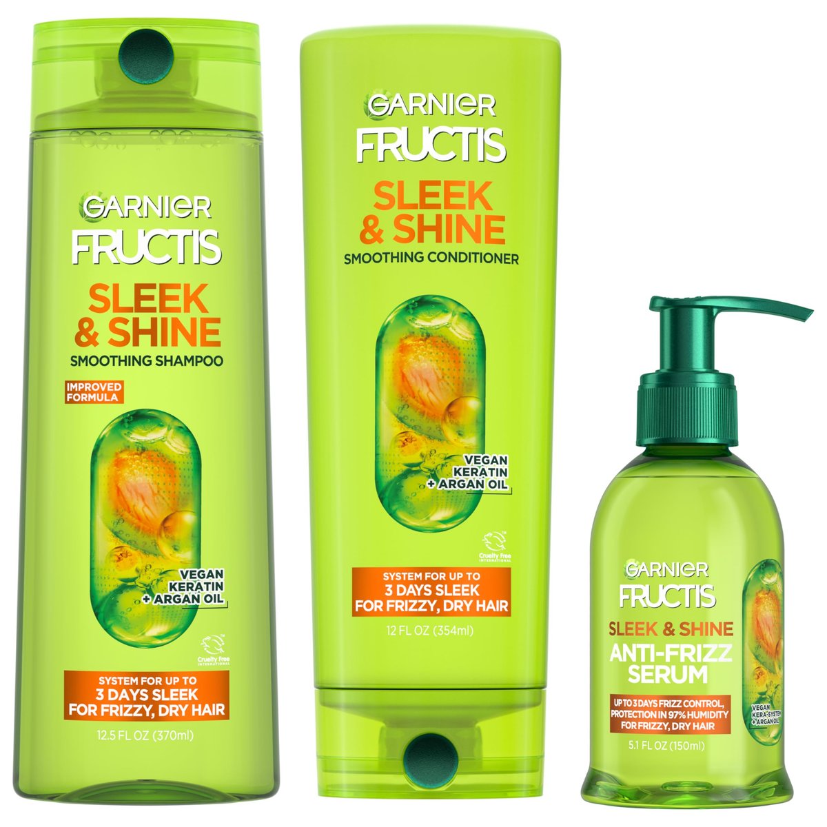 Garnier Fructis Sleek & Shine Shampoo, Conditioner & Anti-Frizz Serum Set for Frizzy, Dry Hair with Argan Oil - 3 Piece Kit Avelisse