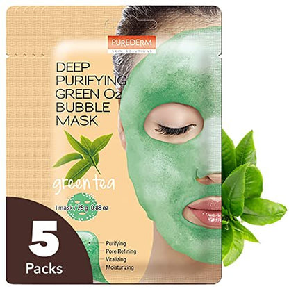 PUREDERM Deep Purifying Green O2 Bubble Mask - 5 Pack, 0.88 oz Each, Korean Beauty Bubble Mask for Deep Cleansing and Pore Care