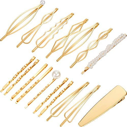 Yaomiao 17 Pieces Gold Hair Pins Set - Geometric Bobby Pins & Barrettes, Metal Decorative Hair Clips for Women, Wedding & Party Styling