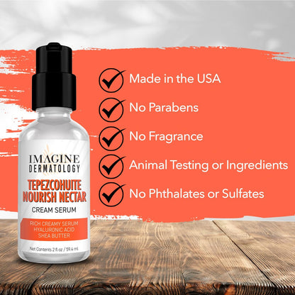 Tepezcohuite Nourish Nectar Concentrated Hyaluronic Acid Shea Butter Cream Serum Moisturizer - Mimosa Tenuiflora Bark Extract, Unscented, Paraben Free, Made in USA, 2 fl oz Avelisse