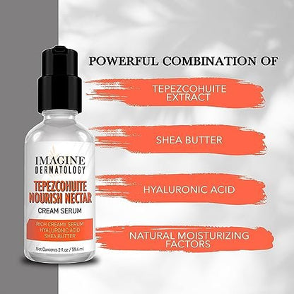 Tepezcohuite Nourish Nectar Concentrated Hyaluronic Acid Shea Butter Cream Serum Moisturizer - Mimosa Tenuiflora Bark Extract, Unscented, Paraben Free, Made in USA, 2 fl oz Avelisse