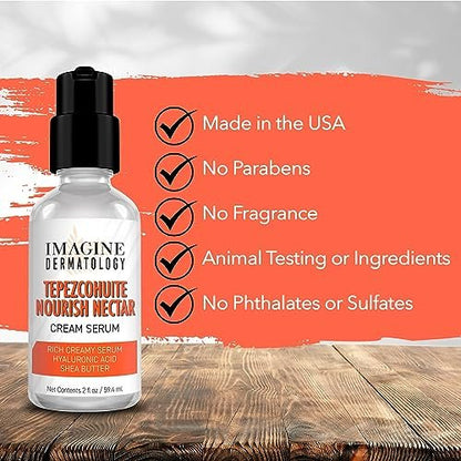 Tepezcohuite Nourish Nectar Concentrated Hyaluronic Acid Shea Butter Cream Serum Moisturizer - Mimosa Tenuiflora Bark Extract, Unscented, Paraben Free, Made in USA, 2 fl oz Avelisse