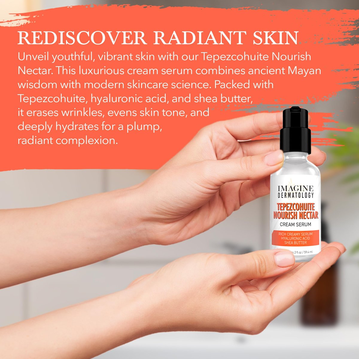Tepezcohuite Nourish Nectar Concentrated Hyaluronic Acid Shea Butter Cream Serum Moisturizer - Mimosa Tenuiflora Bark Extract, Unscented, Paraben Free, Made in USA, 2 fl oz Avelisse