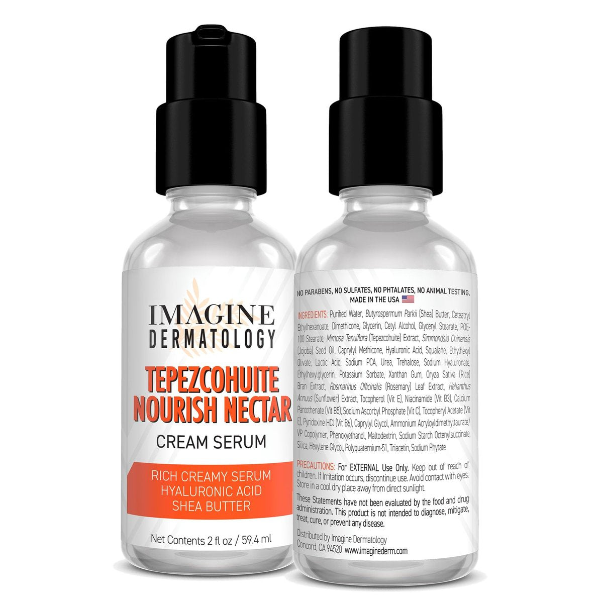 Tepezcohuite Nourish Nectar Concentrated Hyaluronic Acid Shea Butter Cream Serum Moisturizer - Mimosa Tenuiflora Bark Extract, Unscented, Paraben Free, Made in USA, 2 fl oz Avelisse