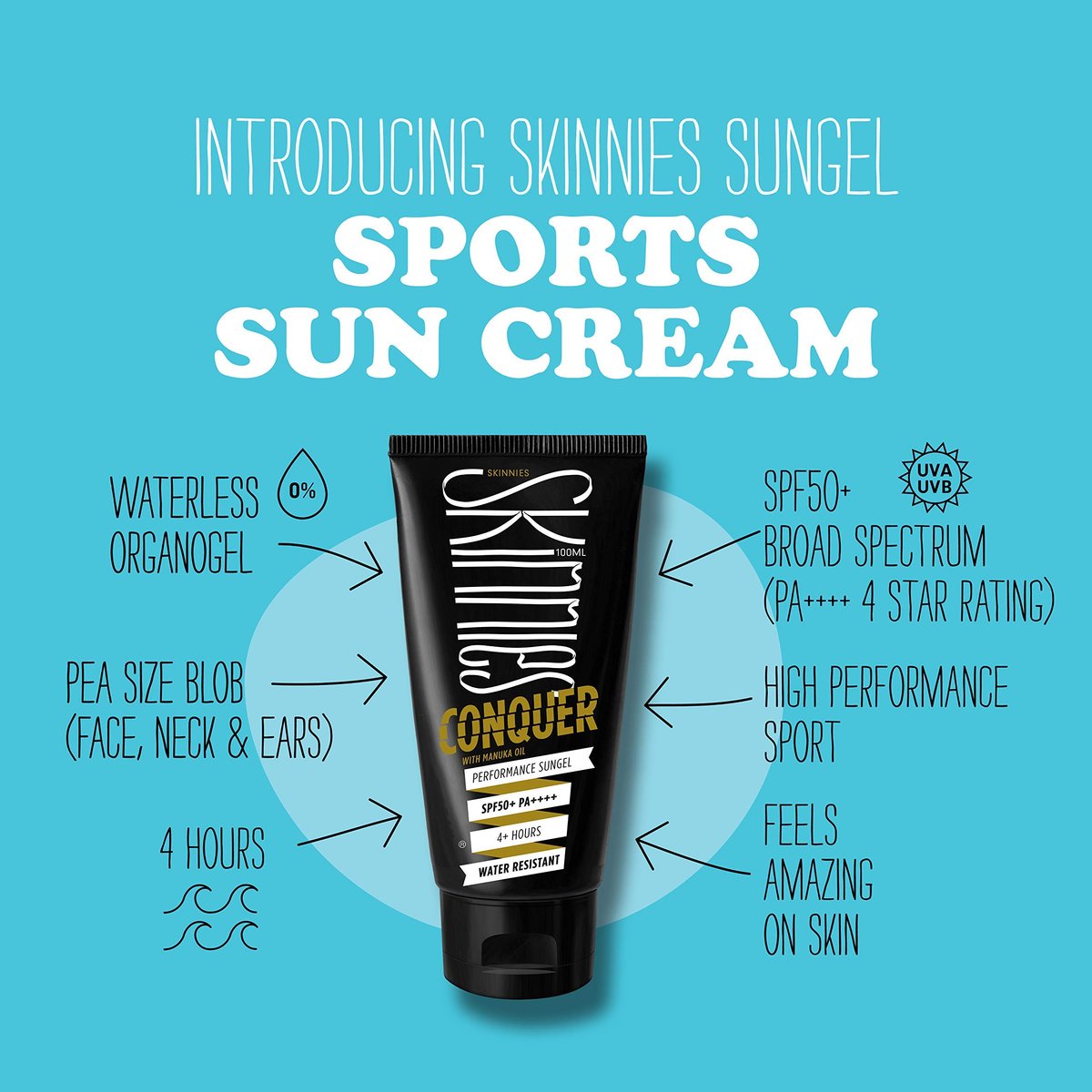 Skinnies CONQUER Sungel Sun Cream SPF50+ - Broad Spectrum, Reef Safe, Water Resistant 4 Hours (100ml) Avelisse