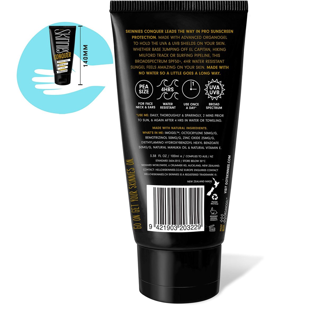 Skinnies CONQUER Sungel Sun Cream SPF50+ - Broad Spectrum, Reef Safe, Water Resistant 4 Hours (100ml) Avelisse