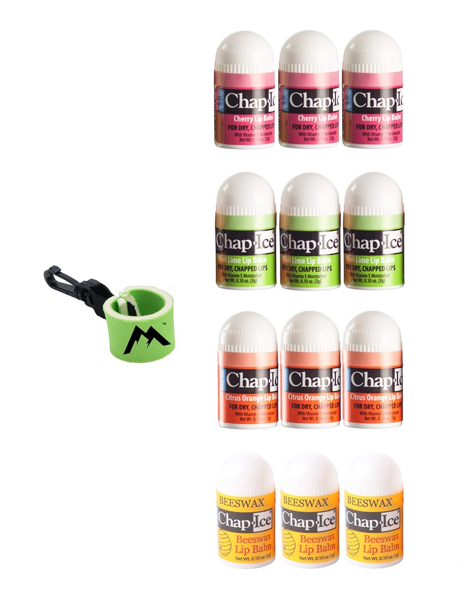 Chap-Ice® 12-Count Assorted Mini Lip Balm Pack with Keychain | Made in USA | Cherry, Citrus Orange, Kiwi Lime, & Beeswax Avelisse